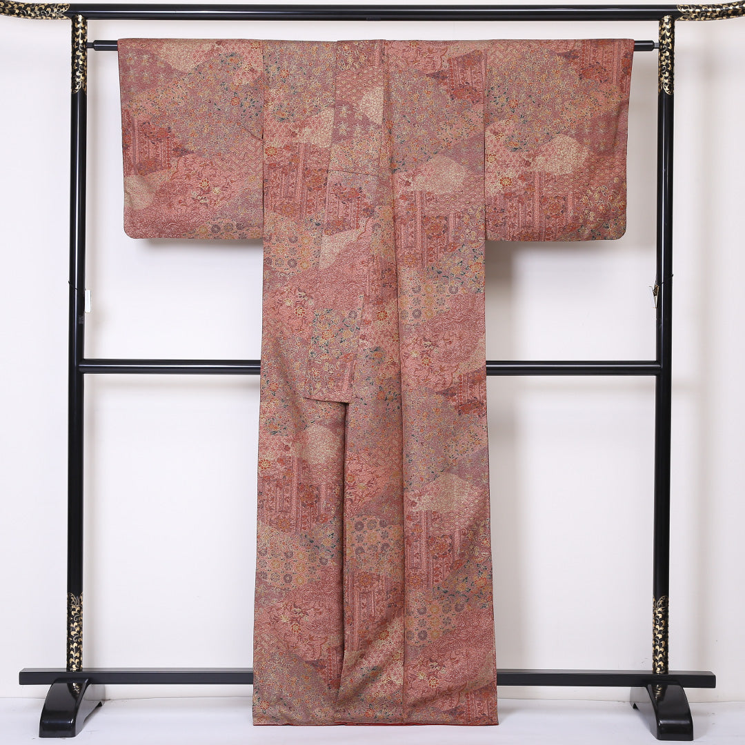 小紋 (錦紗) 袷 身丈165cm 裄丈66cm 正絹 Aランク 広衿 XLサイズ 更紗 茶系 SR 1221-01910