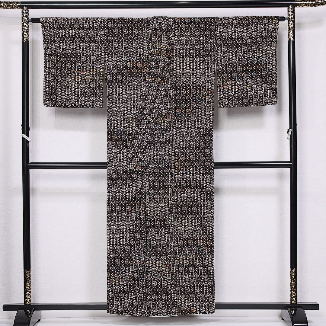 小紋 袷 身丈154cm 裄丈64cm 正絹 Aランク インフォーマル 広衿 Sサイズ 花柄 星 茶系 HP 1221-11066