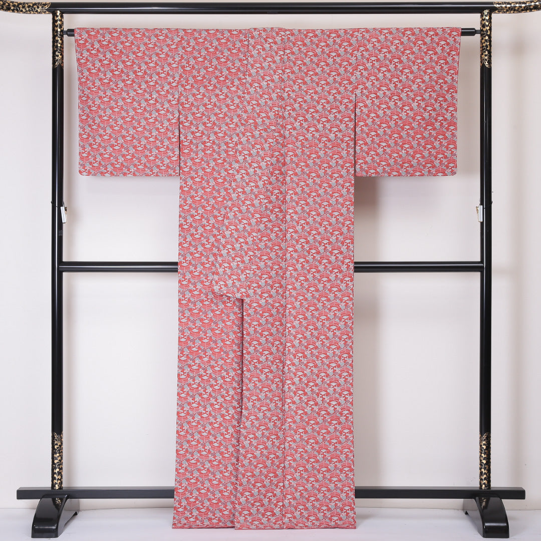 小紋 袷 身丈164cm 裄丈65cm 正絹 Sランク インフォーマル 広衿 Lサイズ 鶴 菱 花柄 赤系 RP 1221-02008