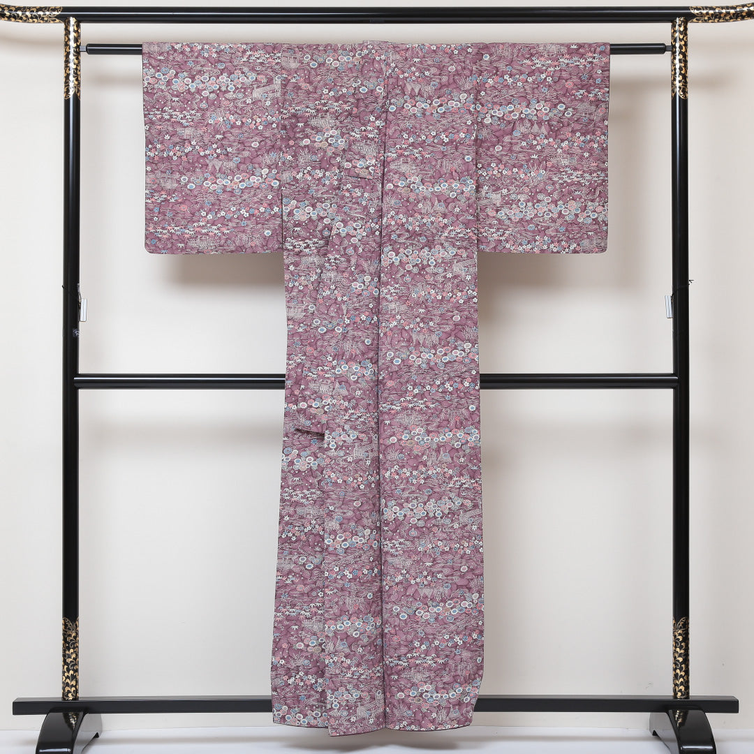 小紋 袷 身丈153cm 裄丈62cm 正絹 Sランク インフォーマル バチ衿 Sサイズ 茶屋辻 紅葉 紫系 RP 1221-01443