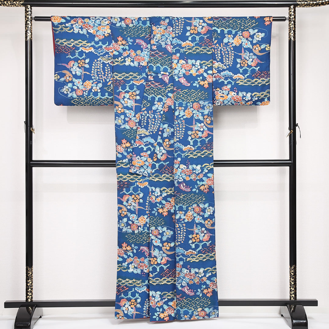 小紋 袷 身丈160cm 裄丈62cm 正絹 Sランク インフォーマル バチ衿 Lサイズ 梅 松 吉祥文様 青系 RP 1221-13193