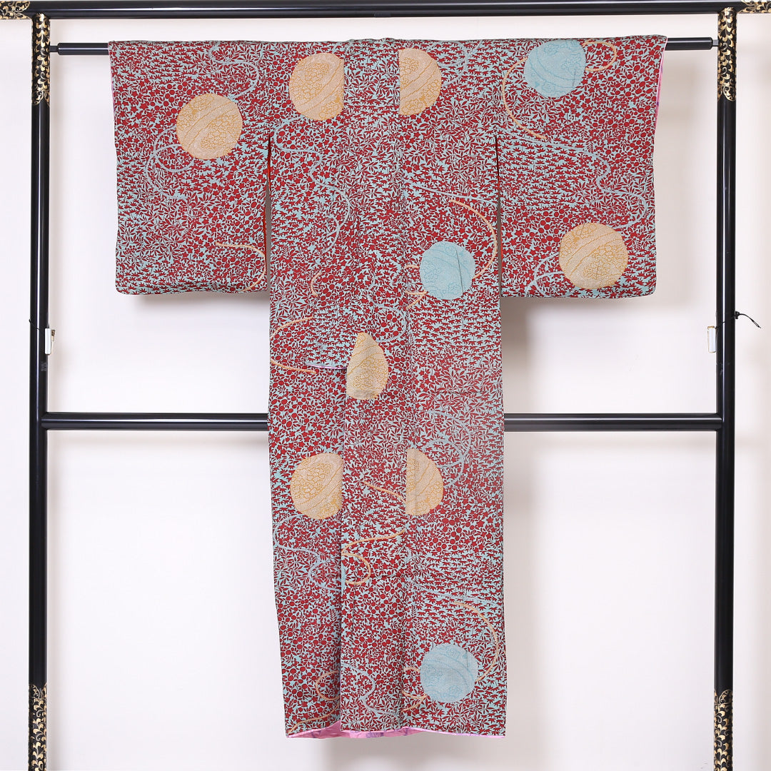 アンティーク 小紋 袷 身丈144cm 裄丈62cm 正絹 Aランク 広衿 XSサイズ 毬 花柄 緑系 SR 1221-01924