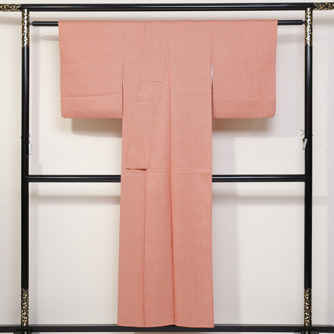 小紋 袷 身丈151cm 裄丈62cm 正絹 Sランク インフォーマル 広衿 Sサイズ 立涌 花柄 朱系 RP 1221-01717