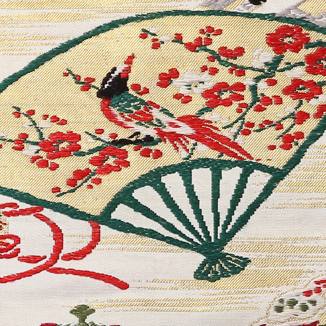 アンティーク 九寸名古屋帯 Cランク 帯丈338cm 正絹 六通 名古屋仕立て 織り 花扇 茶道具 クリーム系 RP 1245-02543