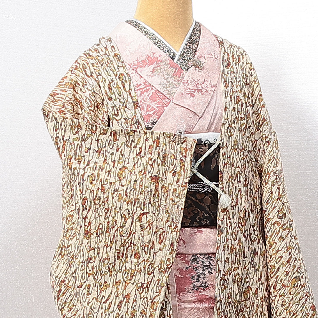 羽織 袷 身丈78cm 裄丈64cm 正絹 Sランク カジュアル Mサイズ 紐あり 創作柄 クリーム系 RP 1232-14629