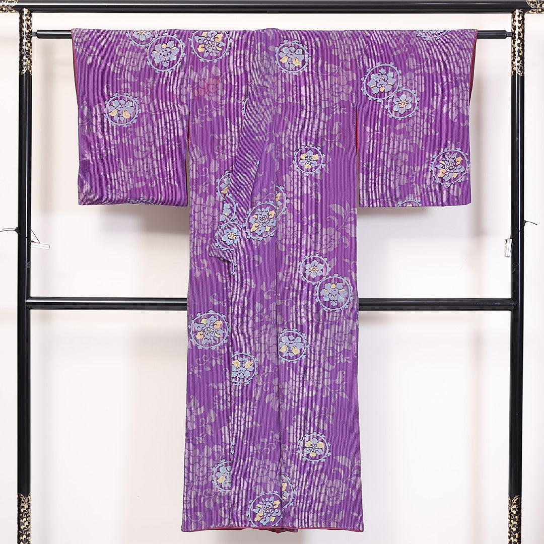 アンティーク 小紋 袷 身丈144cm 裄65cm 正絹 牡丹 花文 紫系 Bランク 1215-02304