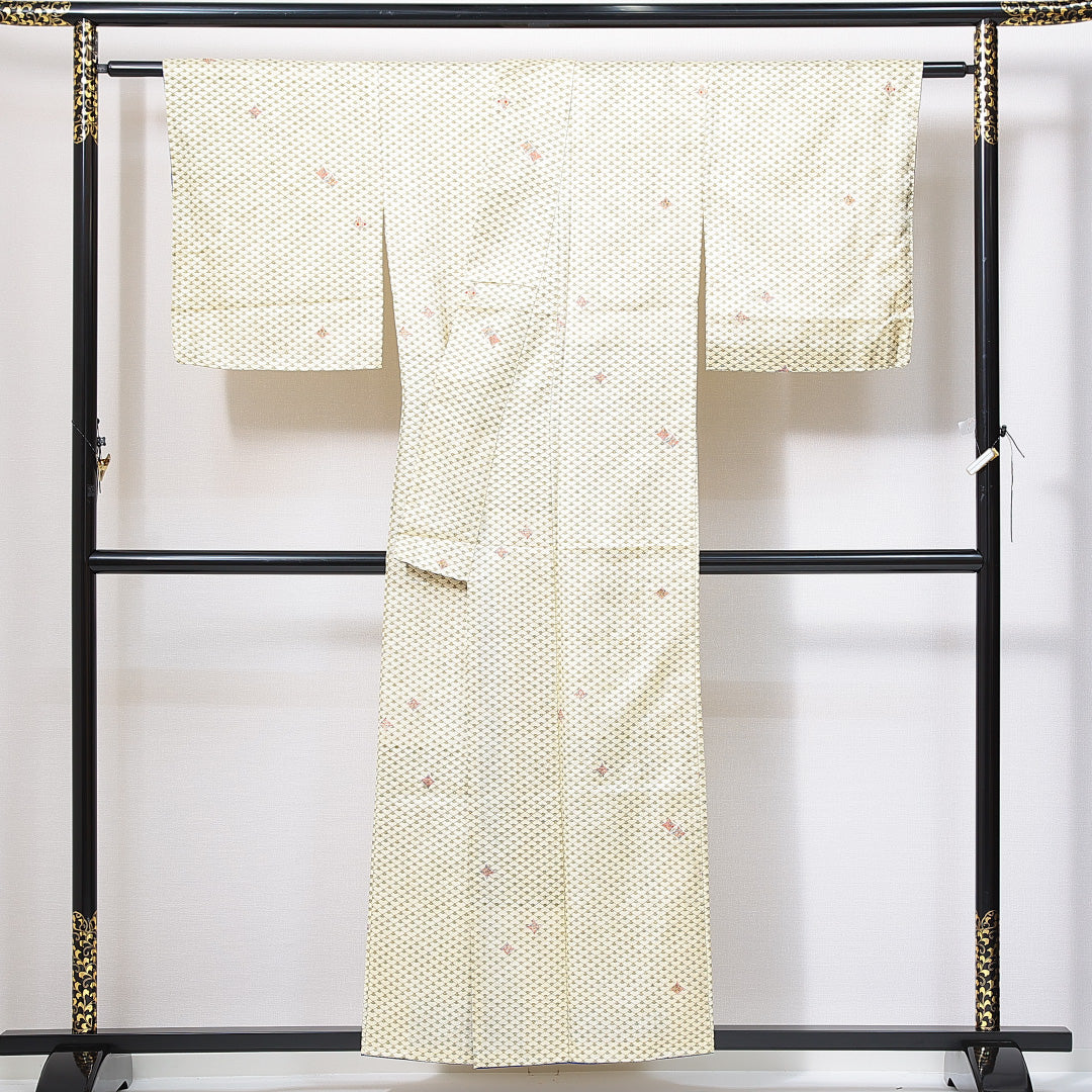 小紋 袷 身丈154cm 裄丈62cm 正絹 Sランク インフォーマル 広衿 Sサイズ 扇 古典柄 黄系 RP 1221-14907