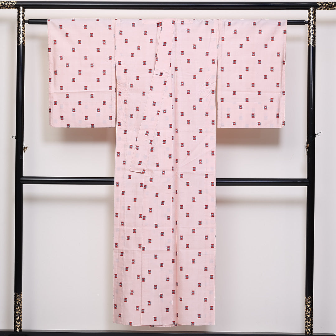 アンティーク 銘仙 紬 単衣 身丈147cm 裄62cm 正絹 肩当て ピンク系 Bランク 1216-01341