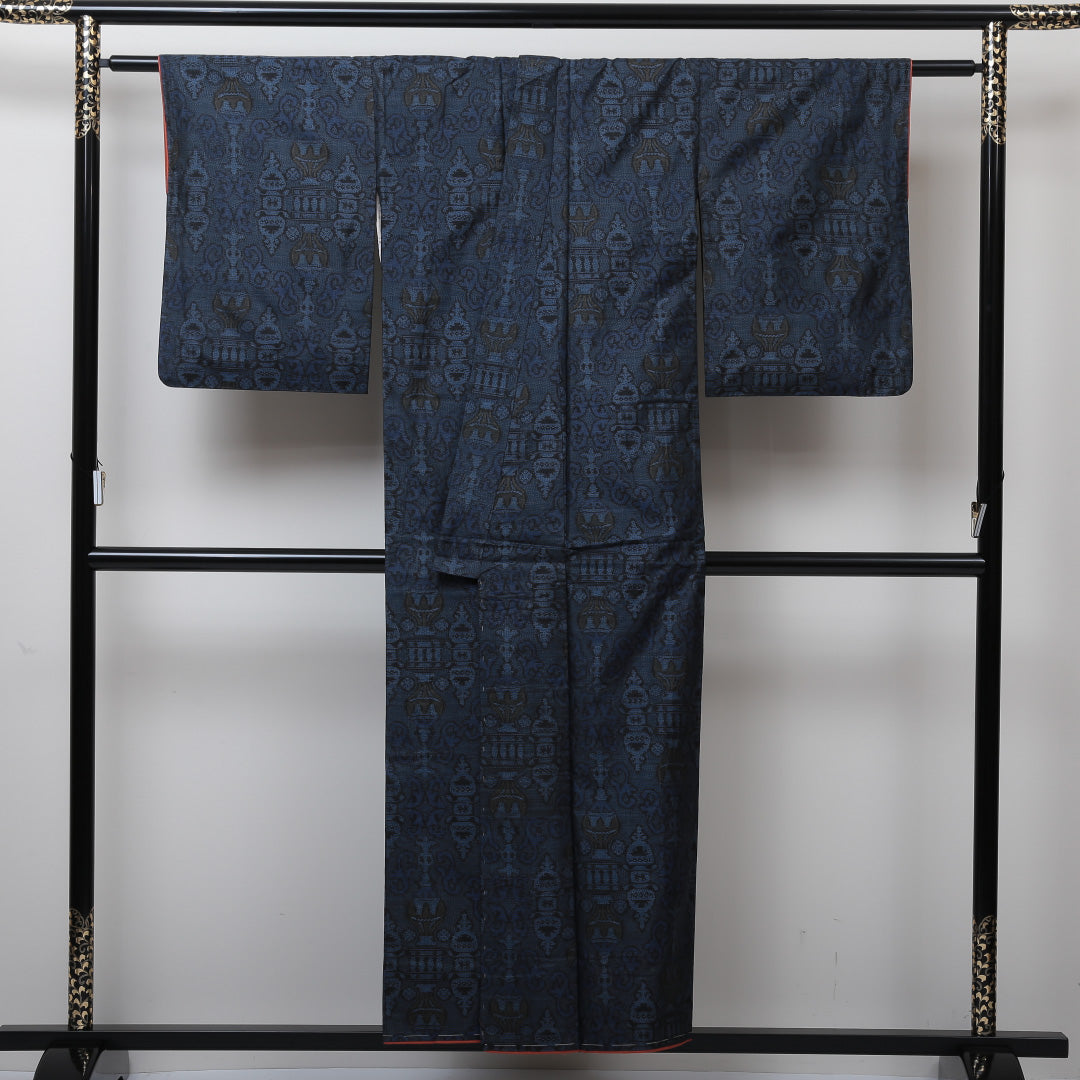 大島紬 袷 身丈151.5cm 裄62.5cm 正絹 紺系 Aランク モダン 1216004283218
