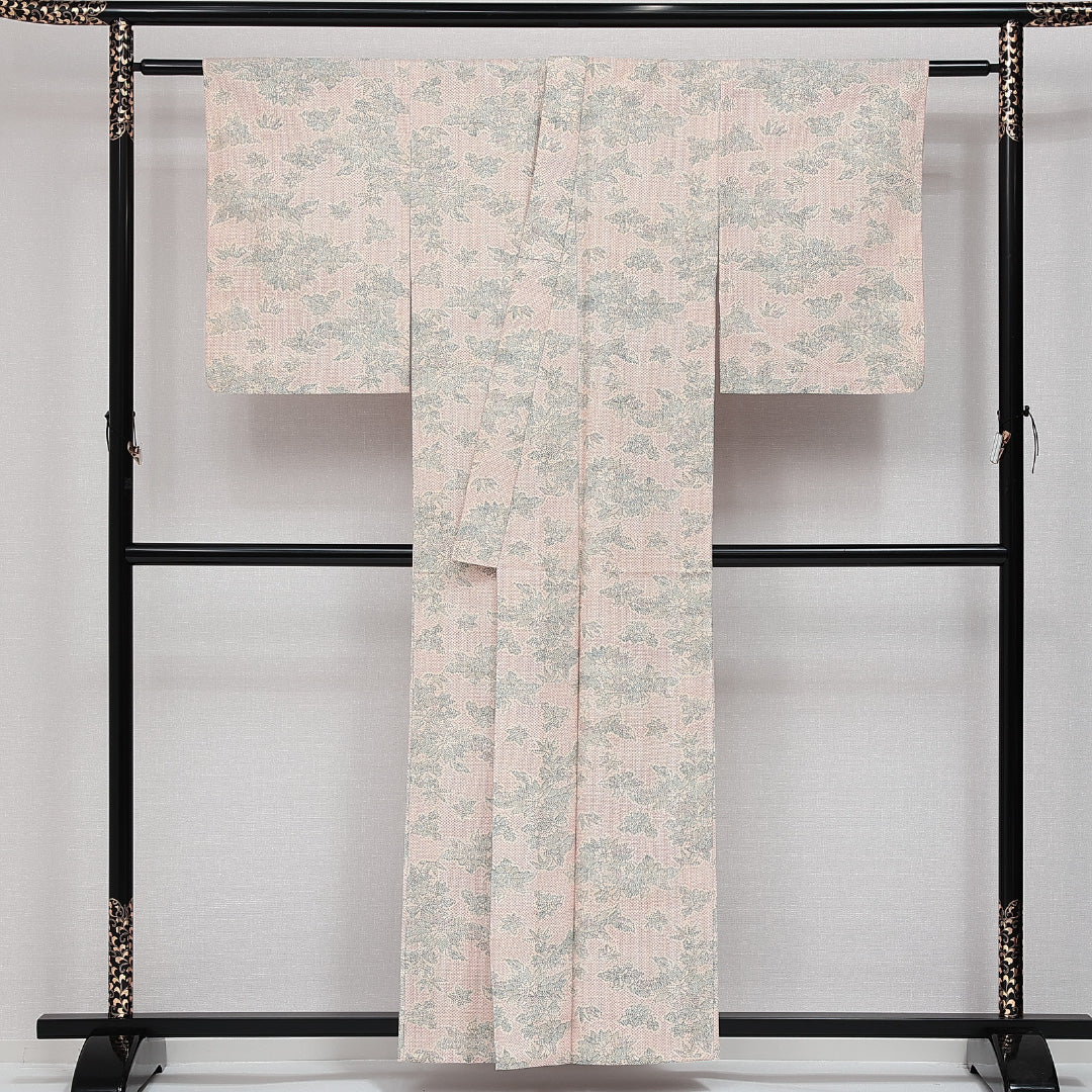 洗える着物 ウールの紬 単衣 身丈157cm 裄丈62cm ウール Aランク カジュアル バチ衿 Mサイズ 笹 クリーム系 HP 1223-14368