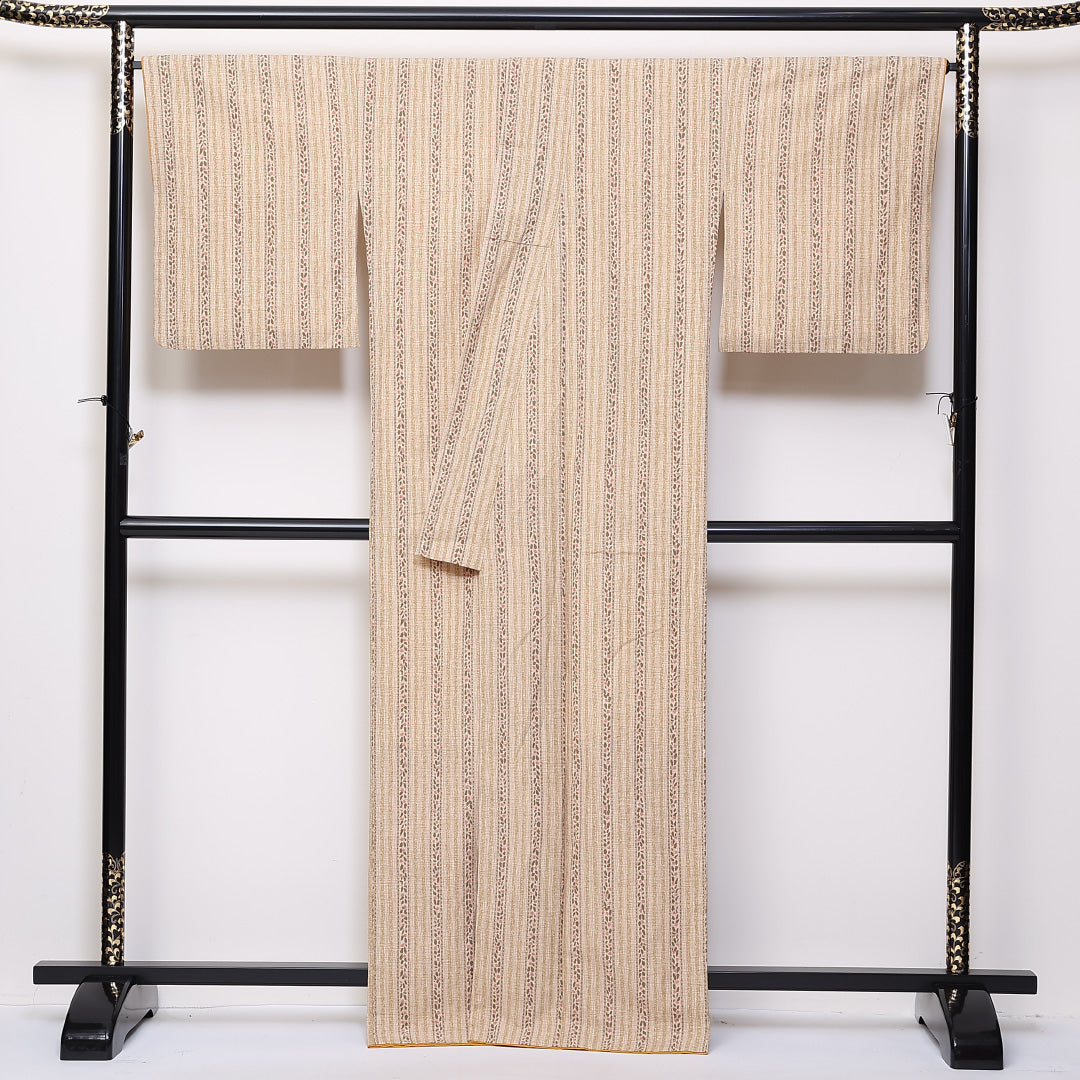 小紋 袷 身丈166cm 裄34.5cm 洗える着物 ポリエステル 縞 花柄 茶系 Sランク 1215-02403