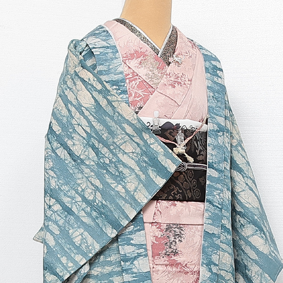 洗える着物 羽織 袷 身丈80cm 裄丈62cm ポリエステル Aランク カジュアル Sサイズ しつけ糸 創作柄 水色系 HP 1232-13875