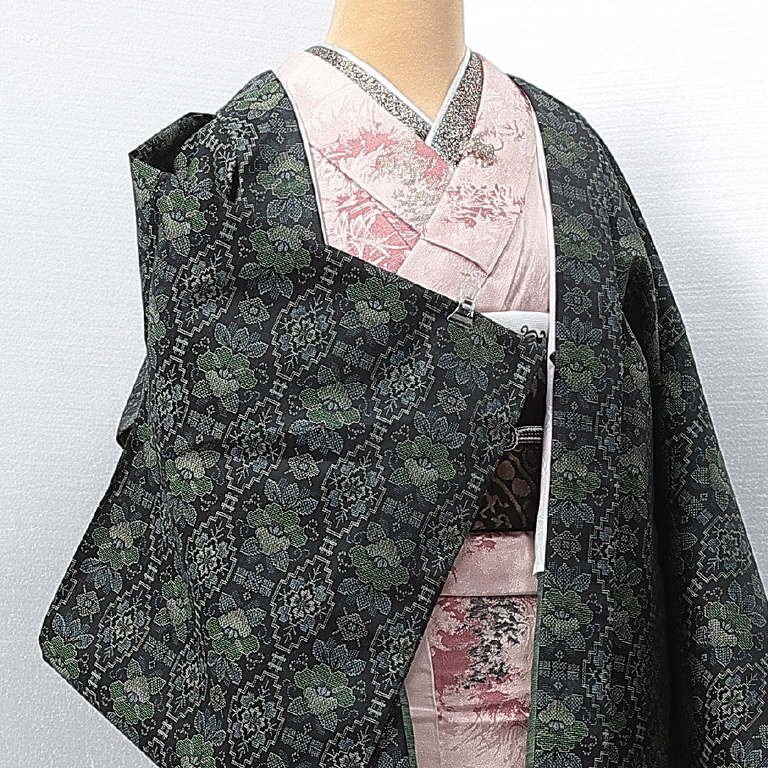 黒羽織 袷 身丈81cm 裄丈67cm 正絹 Sランク インフォーマル Mサイズ 花柄 黒系 RP 1233-14635