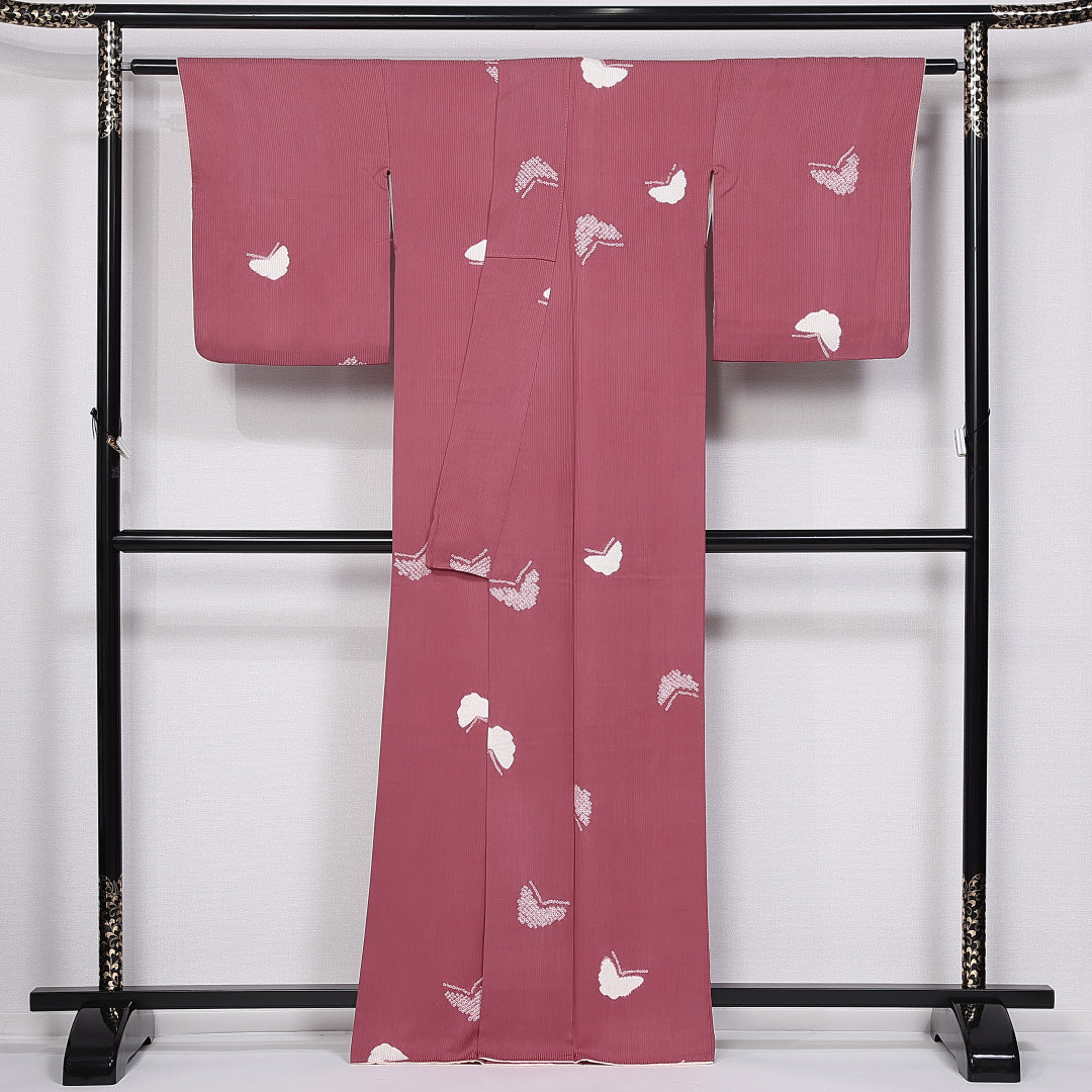 小紋 袷 身丈162cm 裄丈64cm 正絹 Sランク インフォーマル 広衿 Lサイズ 絞り 蝶 ピンク系 RP 1221-11016