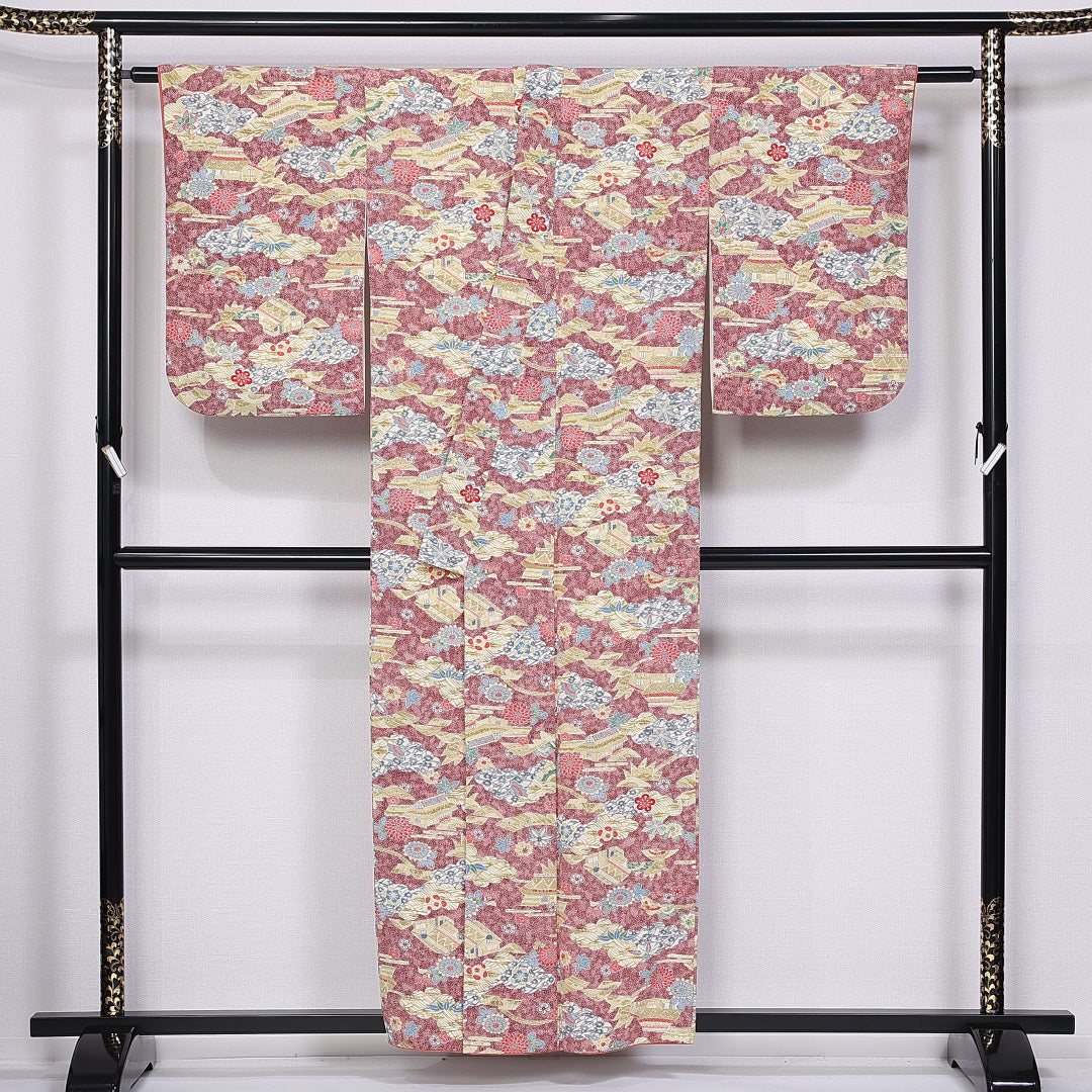小紋 (ちりめん) 袷 身丈155cm 裄丈63cm 正絹 Sランク インフォーマル バチ衿 Mサイズ 茶屋辻 ちりめん 紫系 RP 1221-11259