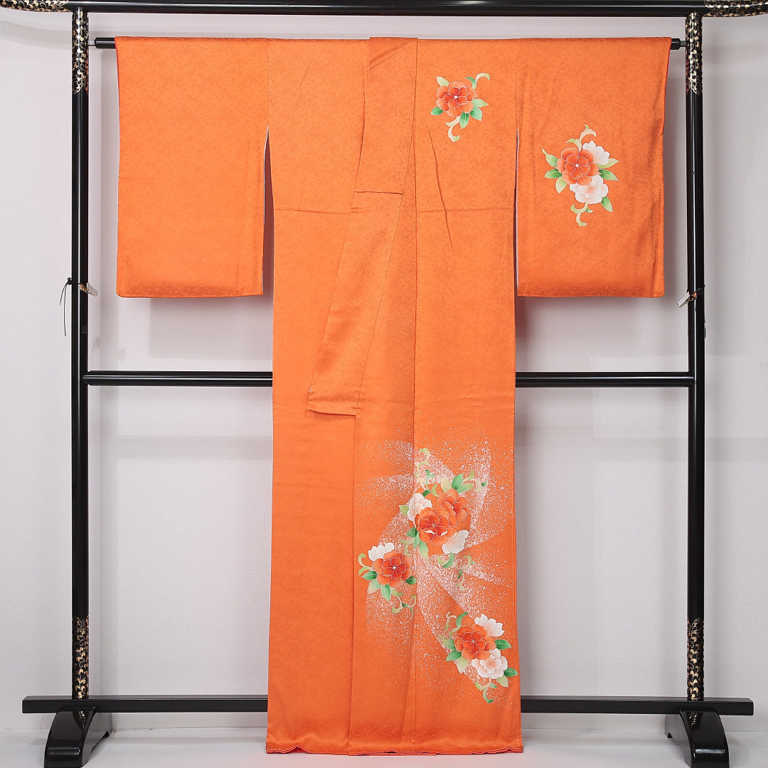 付下げ 袷 身丈162cm 裄丈66cm 正絹 Aランク インフォーマル 広衿 Lサイズ 刺繍 牡丹 朱系 RP 1218-12439