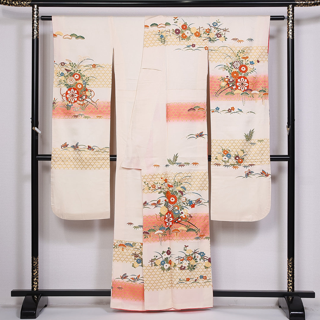 振袖 身丈161cm 裄丈64cm 袷 正絹 Sランク 広衿 笠松 花車 流水 菖蒲 籠目 1213-F0336