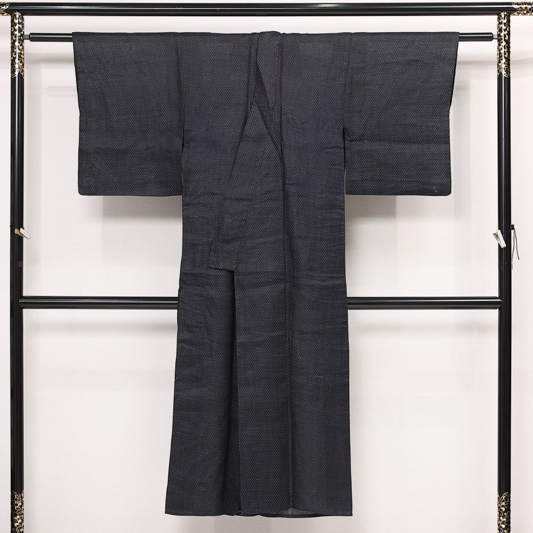 アンティーク 夏物 洗える着物 麻の紬 夏物 身丈139cm 裄丈61cm 麻 Dランク バチ衿 XSサイズ 紺系 PO 1223-13347