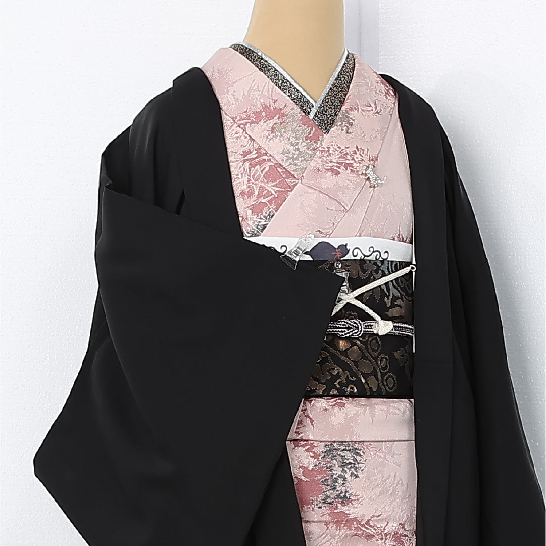 洗える着物 黒羽織 袷 身丈78cm 裄丈64cm ポリエステル Sランク インフォーマル Mサイズ 紐あり 壺 茶器 黒系 RP 1233-12528