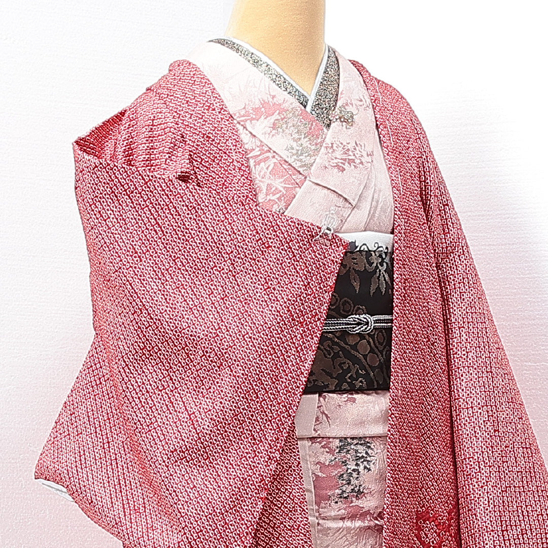 絵羽羽織 袷 身丈81cm 裄丈64cm 正絹 Sランク インフォーマル Mサイズ 花柄 赤系 RP 1234-14654