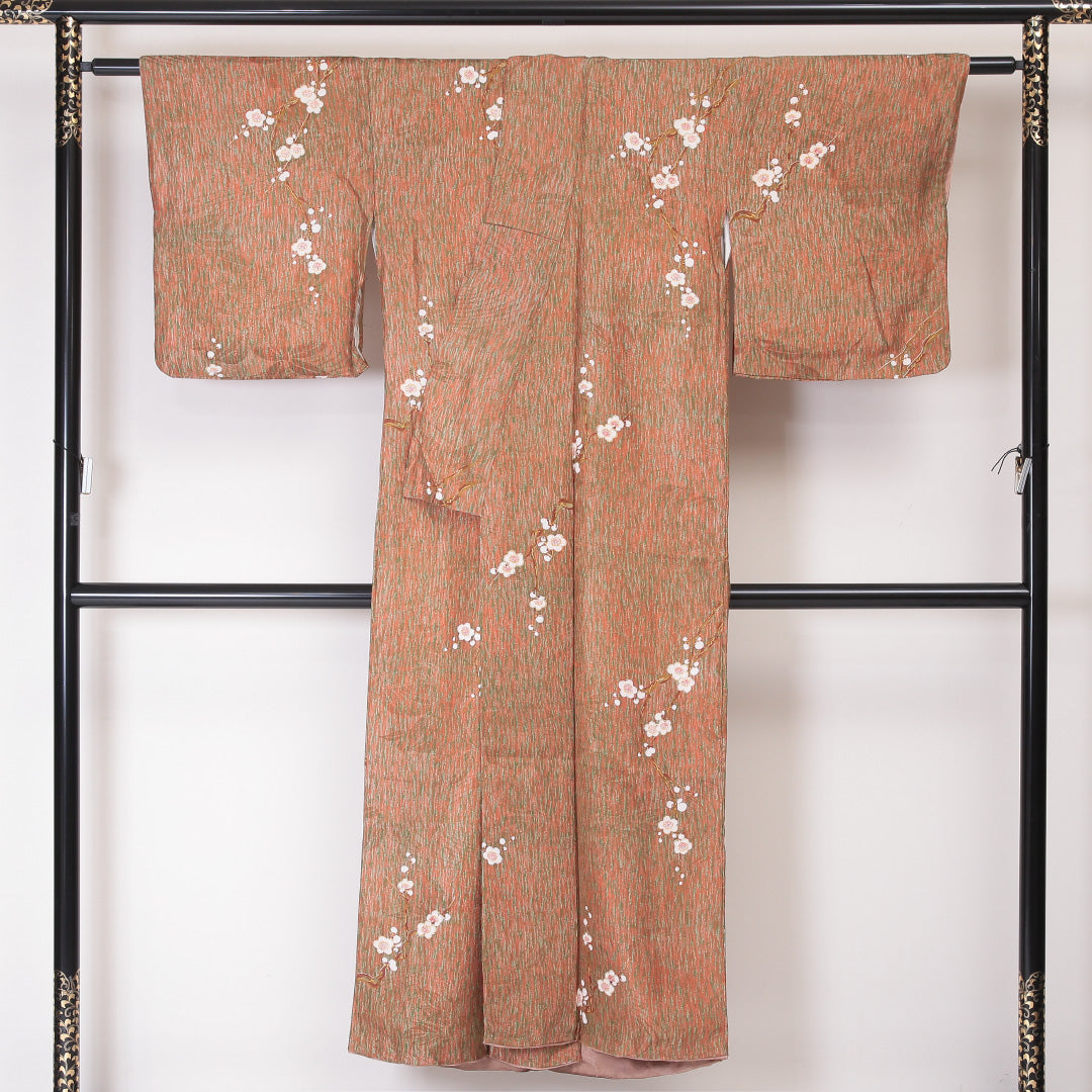 アンティーク 小紋 袷 身丈147cm 裄丈65cm 正絹 Aランク XSサイズ 広衿 梅 朱系 紫系 1215-02093