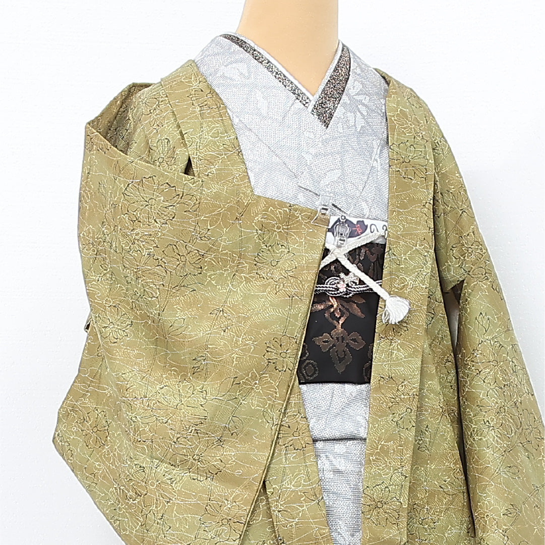 洗える着物 羽織 袷 身丈78cm 裄丈64cm ポリエステル Bランク カジュアル Mサイズ ぼかし染 紐あり 植物柄 緑系 HP 1232-12078