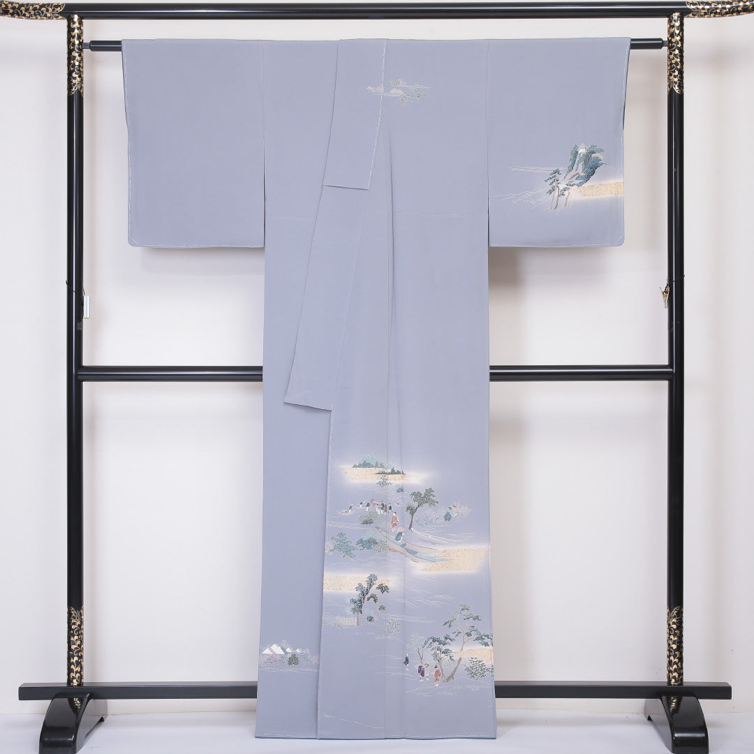 訪問着 袷 身丈163cm 裄丈64cm 正絹 Aランク セミフォーマル 広衿 Lサイズ 人物 風景柄 グレー系 RP 1217-04538