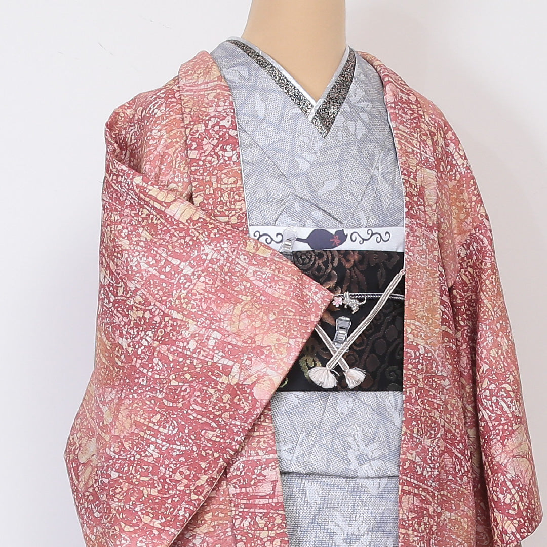 羽織 袷 身丈79cm 裄丈62cm 正絹 Aランク Sサイズ カジュアル 紐あり 創作柄 ピンク系 1217-05942
