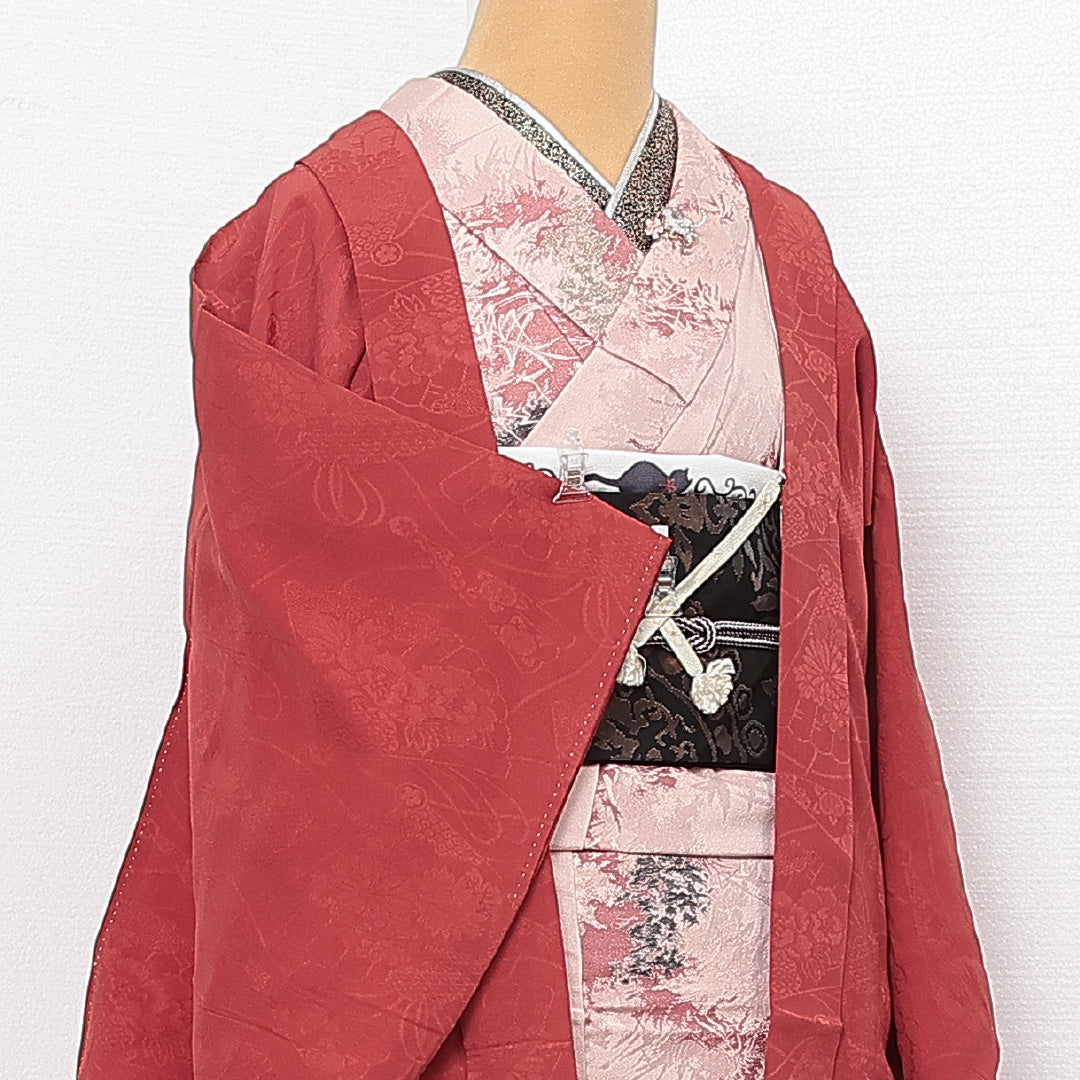 アンティーク 羽織 袷 身丈91cm 裄丈63cm 正絹 Bランク 一つ紋 (剣片喰) Sサイズ 菊 ピンク系 HP 1232-13903