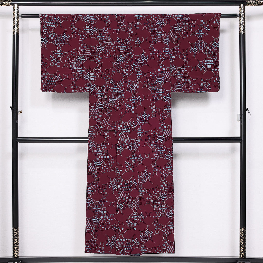 アンティーク 小紋 身丈148cm 裄丈61.5cm XS 正絹 Bランク 袷 広衿 蜀江 1215-10721