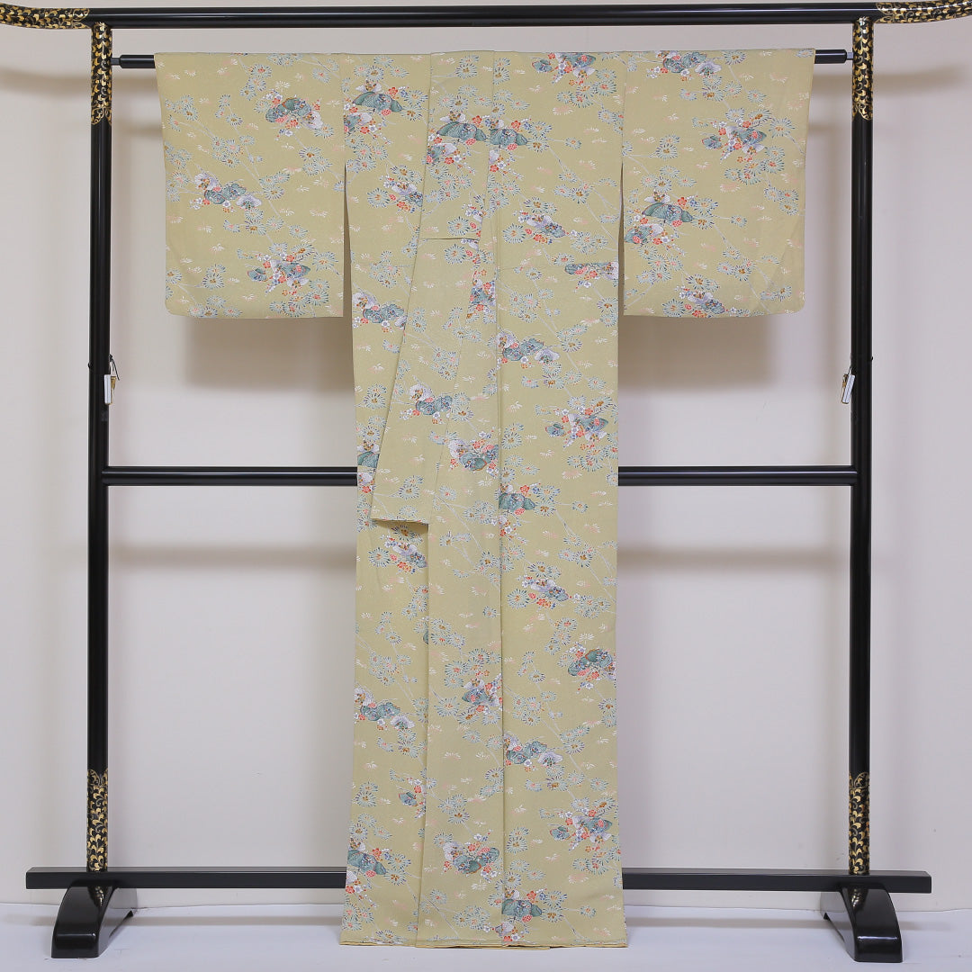 小紋 袷 身丈166cm 裄丈66cm 正絹 Aランク XLサイズ 広衿 インフォーマル ちりめん 梅 松 緑系 茶系 1215-01805