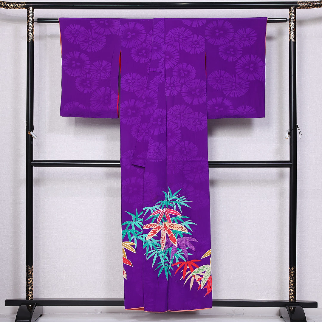 アンティーク 訪問着 身丈155cm 裄丈57cm M 正絹 Bランク 袷 一つ紋 五三桐 バチ衿 笹 菊 1212-10857