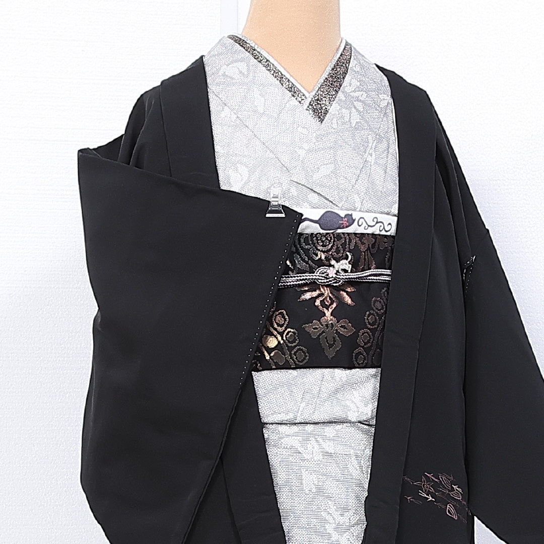 黒羽織 袷 身丈77cm 裄丈64cm 正絹 Aランク インフォーマル Mサイズ 刺繍 貝桶 菊 黒系 RP 1233-11122