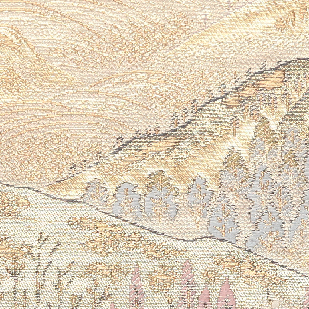袋帯 帯丈436cm 正絹 六通 フォーマル 寺社 四季山野 金系 1243-01276