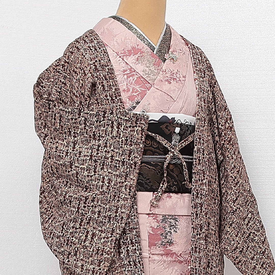羽織 袷 身丈74cm 裄丈64cm 正絹 Aランク カジュアル Mサイズ 紐あり 茶屋辻 ピンク系 HP 1232-13837