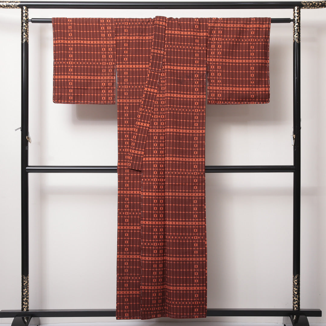 小紋 袷 身丈155cm 裄丈63cm 正絹 Bランク インフォーマル 広衿 Mサイズ 創作柄 朱系 HP 1221-02227