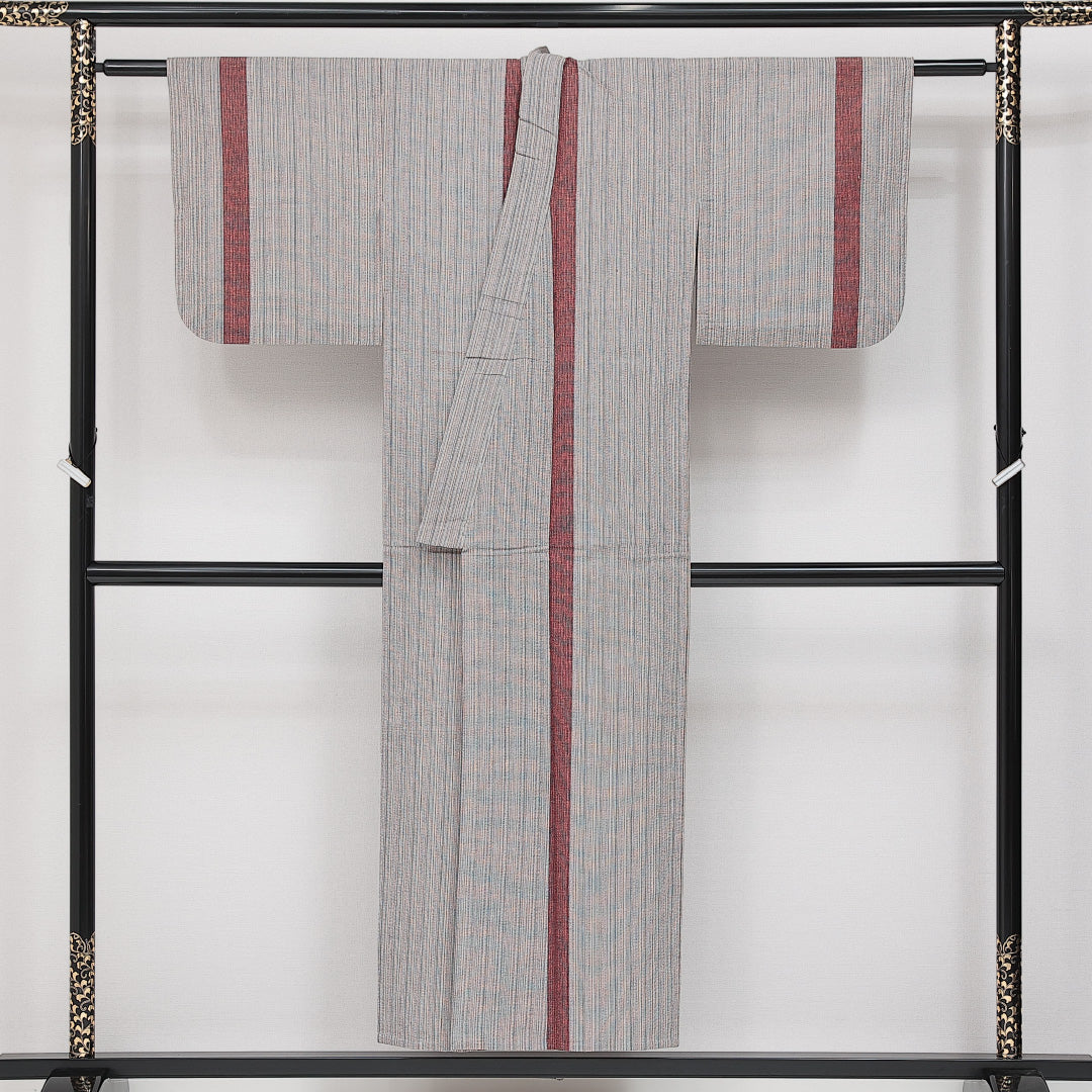 小千谷縮 夏物 洗える着物 身丈149cm 裄丈62cm Sランク 麻 バチ衿 XSサイズ カジュアル 縞 素朴 落ち着き グレー系 1216-14417