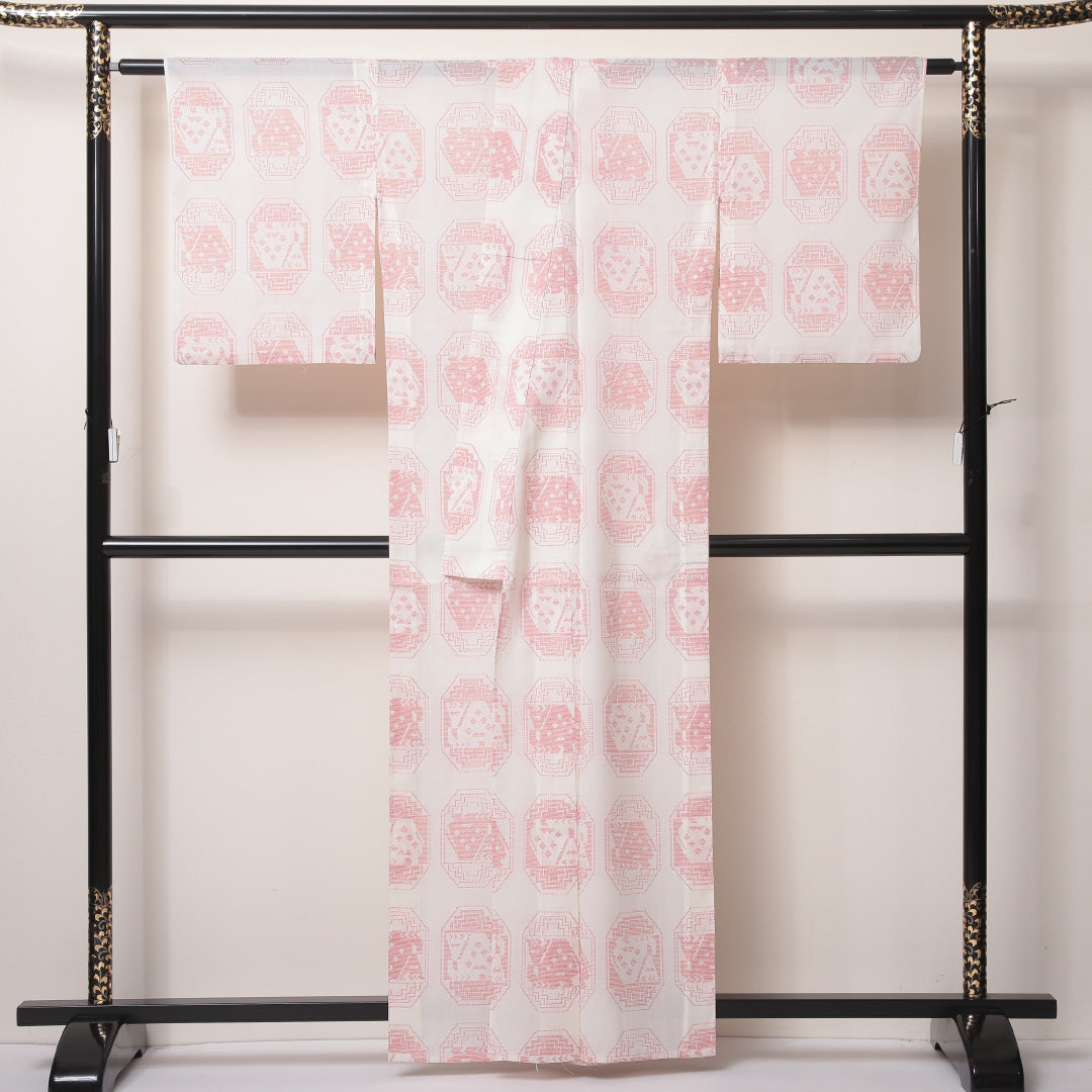 夏物 洗える着物 小紋 夏物 身丈159cm 裄丈64cm ポリエステル Aランク インフォーマル 広衿 Mサイズ 織り出し 有栖川龍文 白系 RP 1221-02166