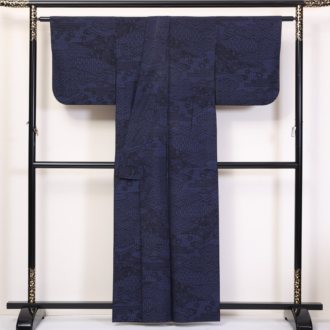紬 単衣 身丈160cm 裄66.5cm 正絹 茶屋辻 居敷当て 紺系 Aランク 1216-01196