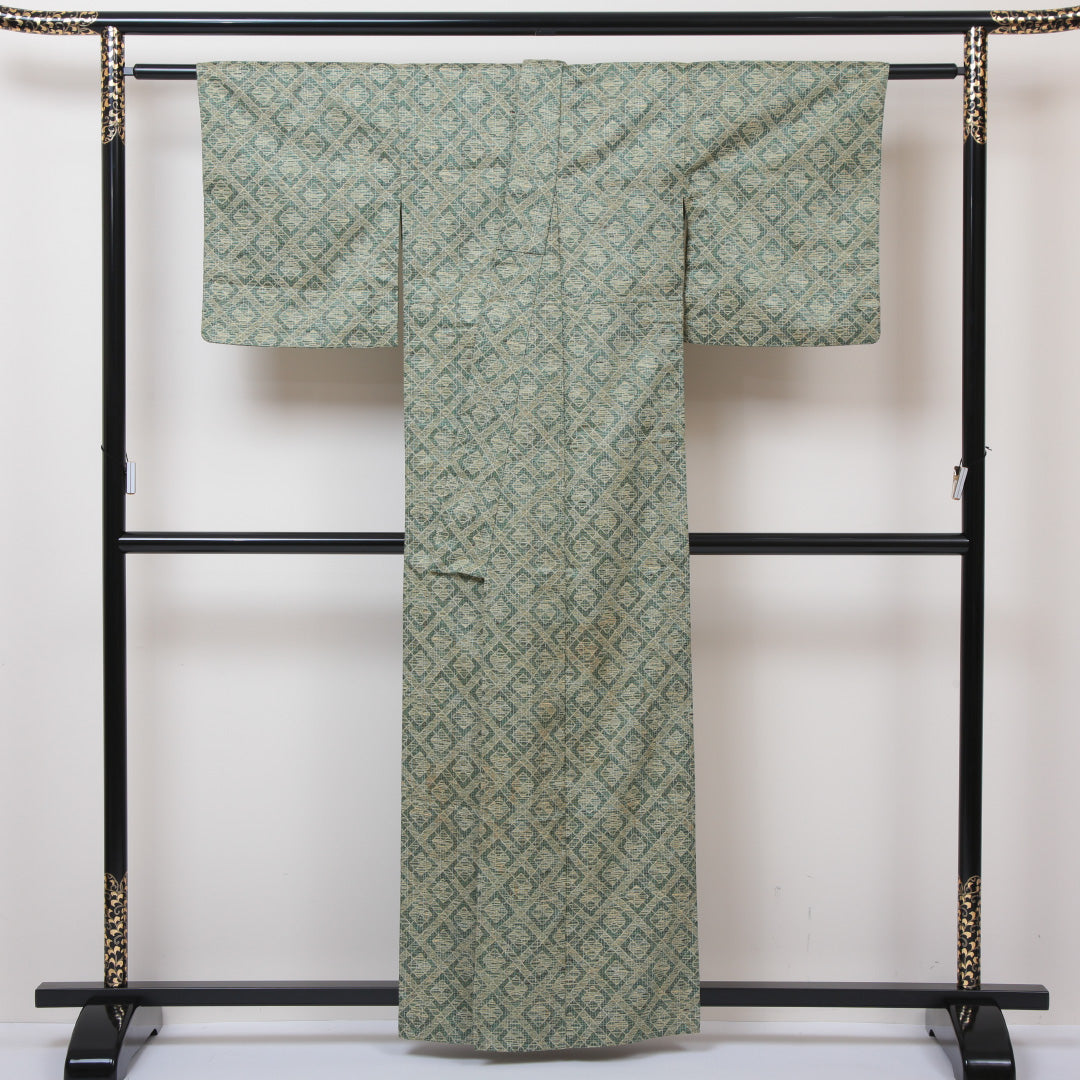 紬 単衣 身丈159cm 裄62.5cm 洗える着物 緑系 Sランク 1216003982319