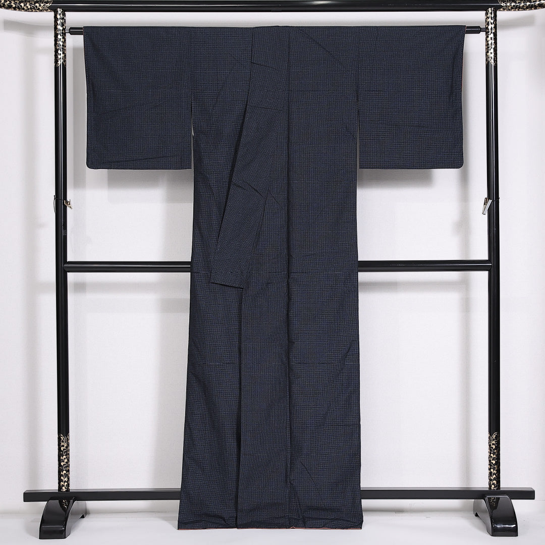 紬 袷 身丈164cm 裄丈65cm 正絹 Sランク カジュアル 広衿 Lサイズ 絣柄 紺系 RP 1223-03947