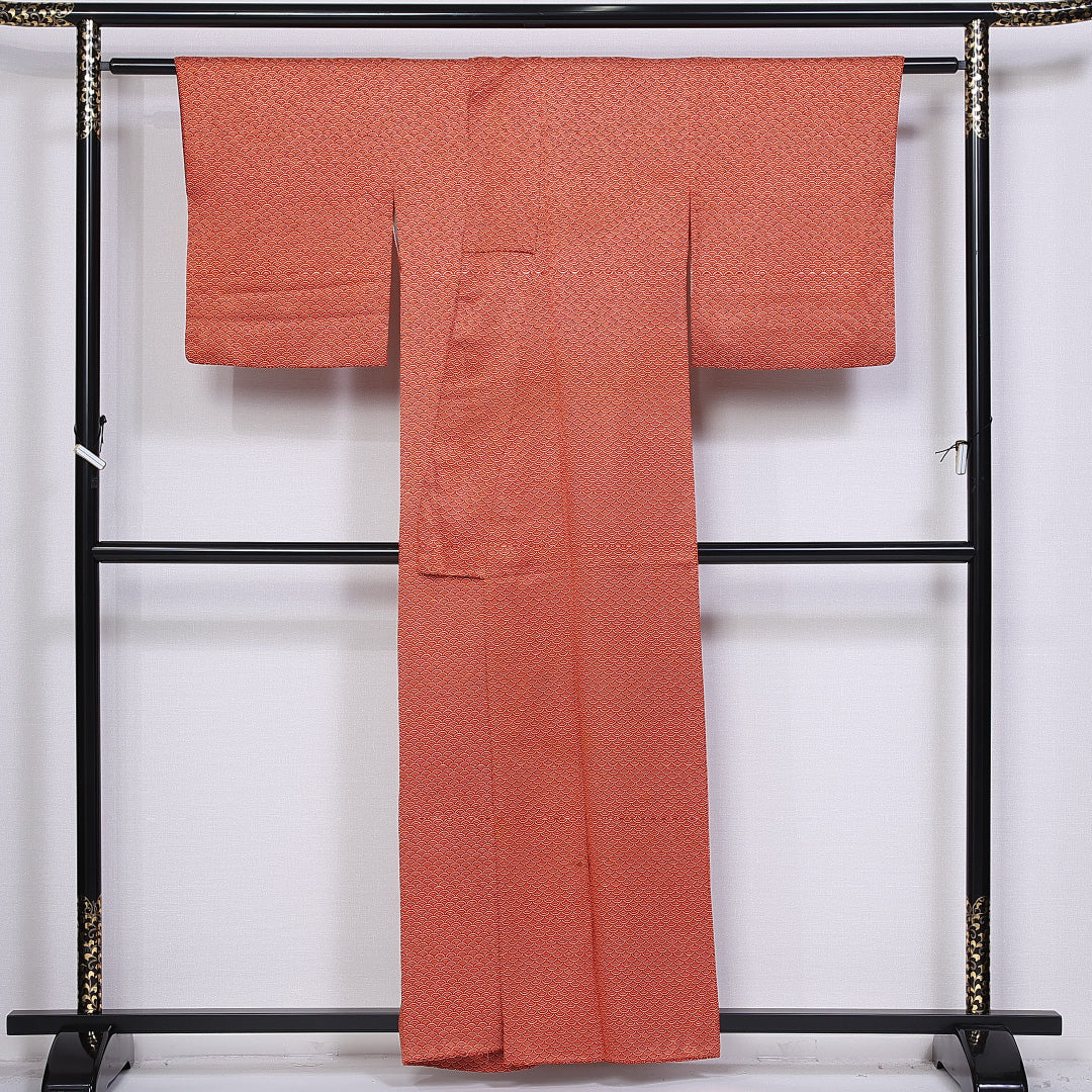 小紋 袷 身丈158cm 裄丈64cm 正絹 Bランク インフォーマル 広衿 Mサイズ 青海波 朱系 GP 1221-10526
