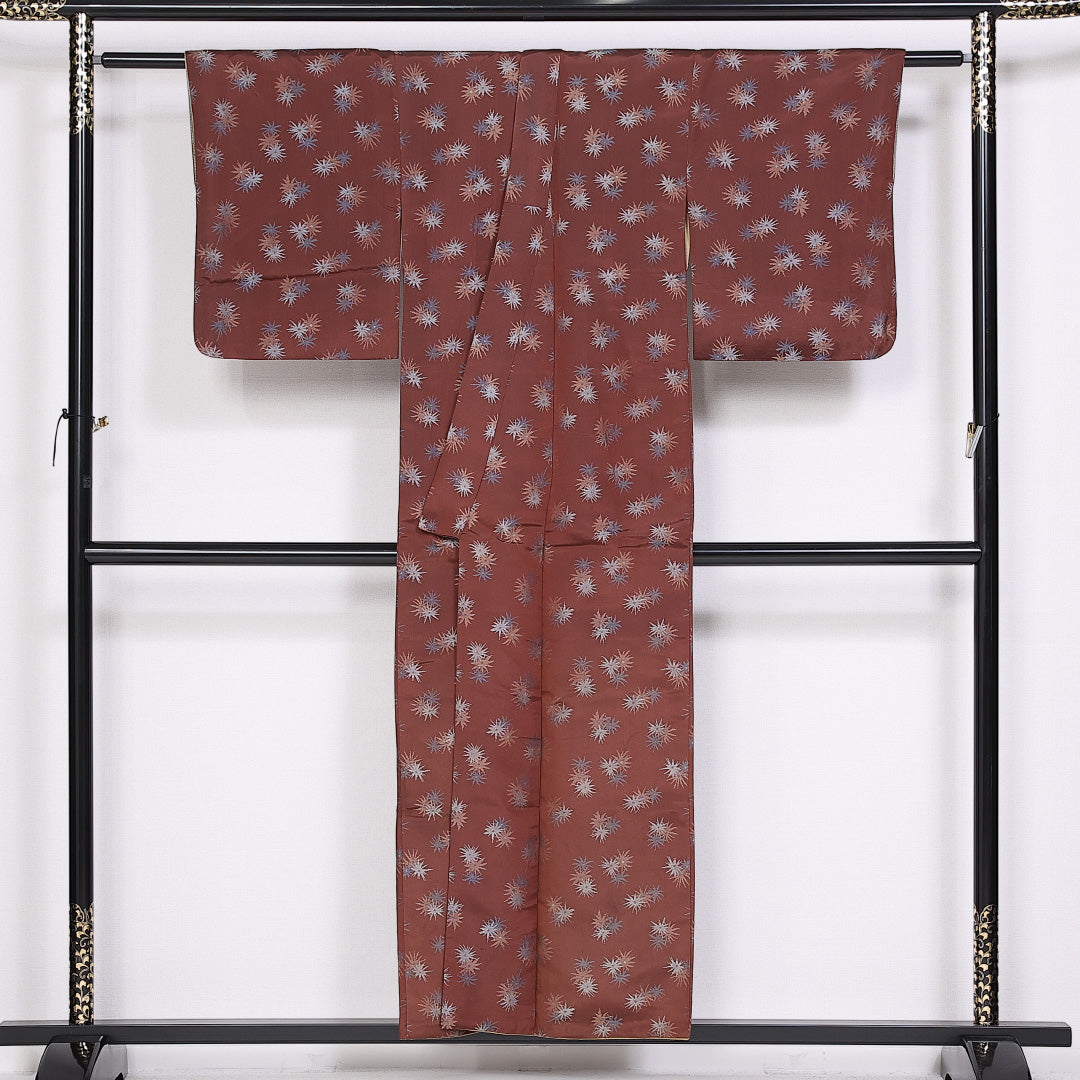 お召 袷 身丈153cm 裄丈62cm 正絹 Sランク インフォーマル バチ衿 Sサイズ 花柄 茶系 RP 1222-10133