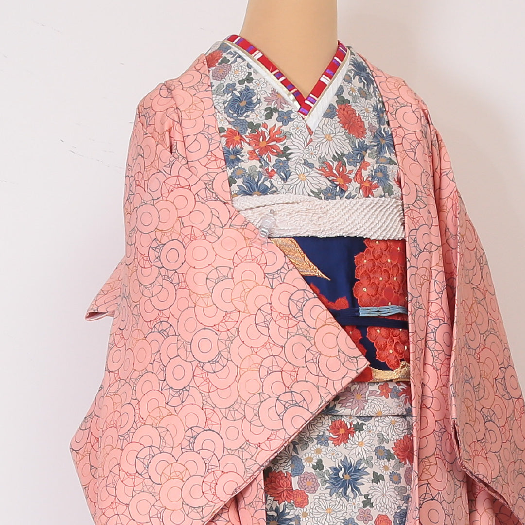 羽織 袷 身丈64cm 裄丈63cm 正絹 Sランク カジュアル Sサイズ 幾何学柄 ピンク系 RP 1232-05785