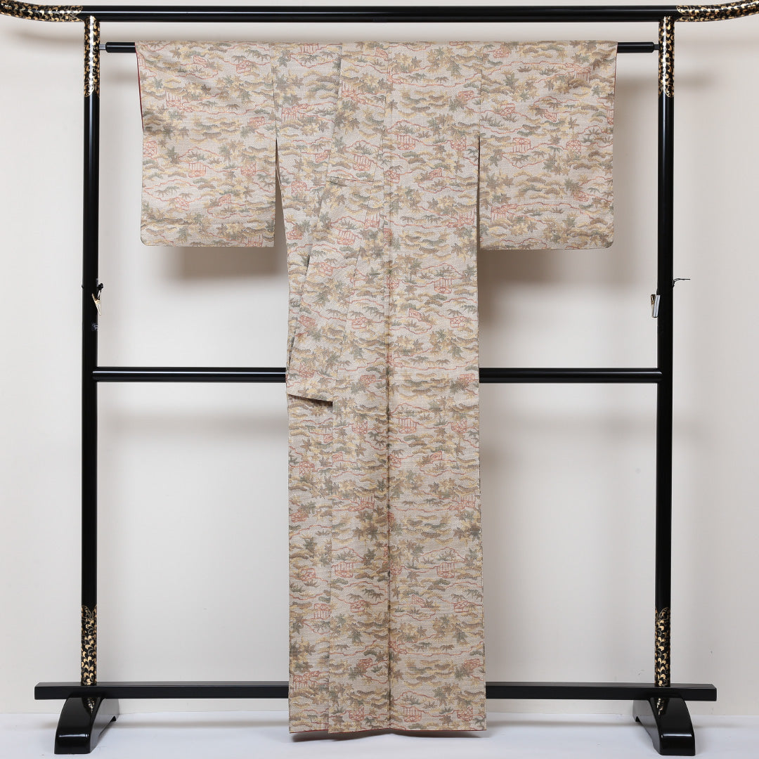 紬 袷 身丈160cm 裄丈64cm 正絹 Aランク カジュアル 広衿 Lサイズ 古典柄 クリーム系 RP 1223-03003