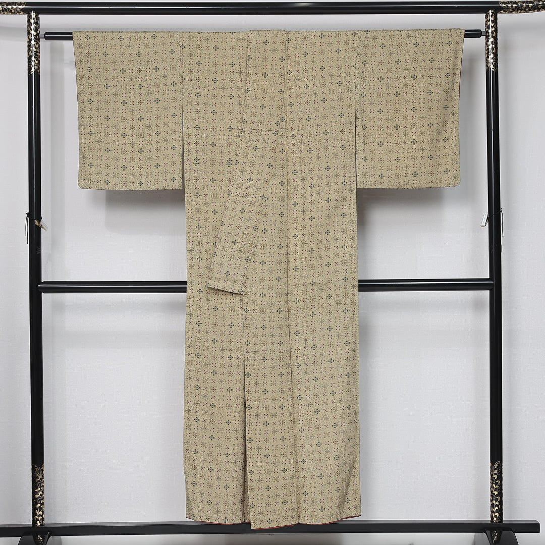 小紋 身丈150cm 裄丈63cm Aランク S 正絹 袷 広衿 オリエンタル 花菱 カジュアル 緑系 1215-11996