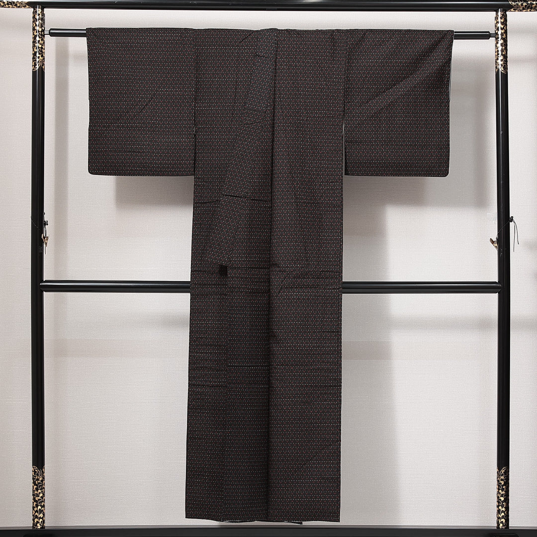 紬 袷 身丈148cm 裄丈60cm 正絹 Sランク XSサイズ バチ衿 カジュアル 十字絣 抽象柄 黒系 1216-14830