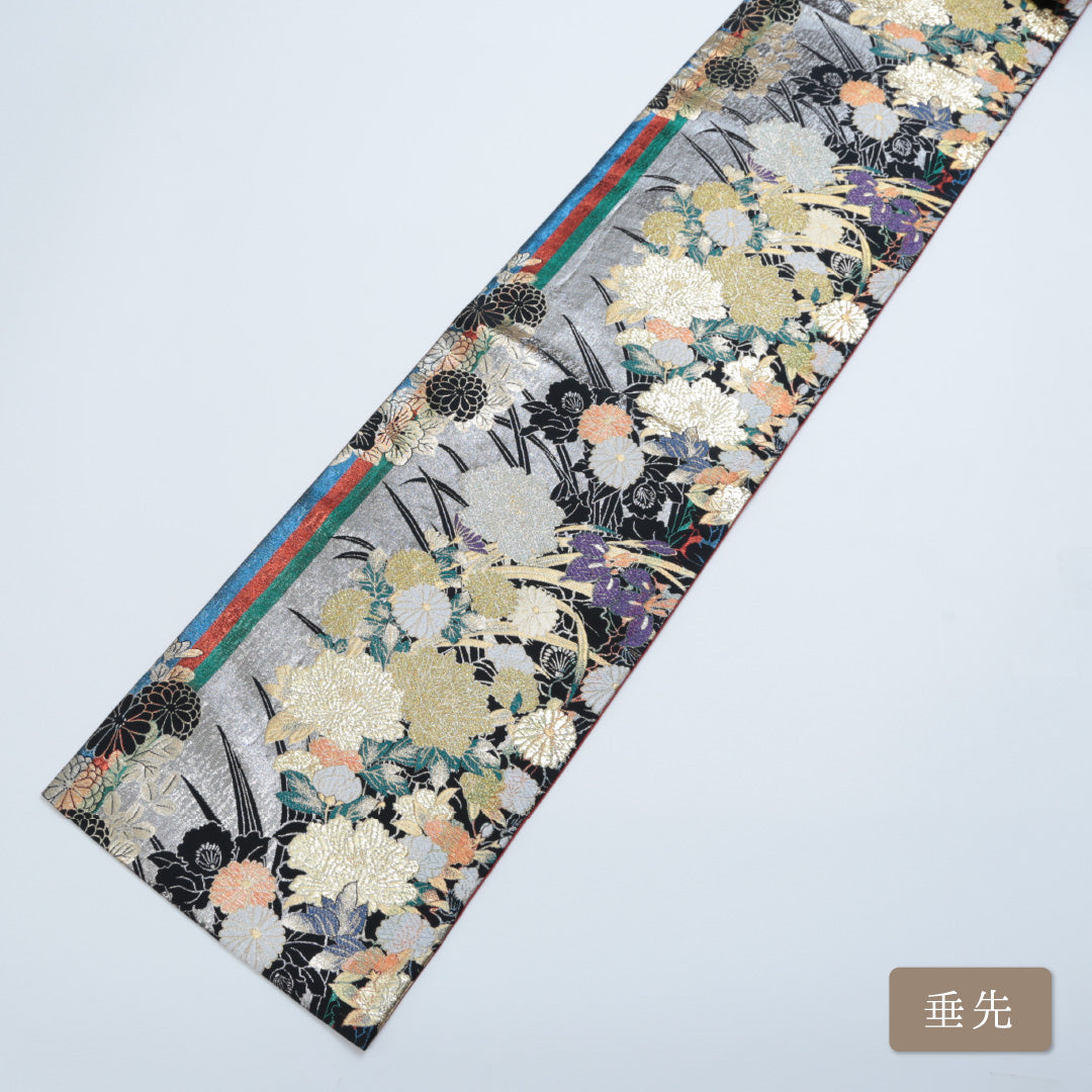 袋帯 帯丈432cm 六通 唐織 牡丹 菊 吉祥文様 振袖帯 フォーマル 黒系 正絹 Sランク 1223-00335