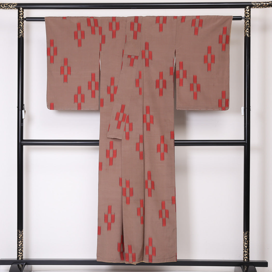 アンティーク 小紋 袷 身丈152cm 裄丈64cm 正絹 Bランク 広衿 Sサイズ 絣柄 茶系 RP 1221-01974