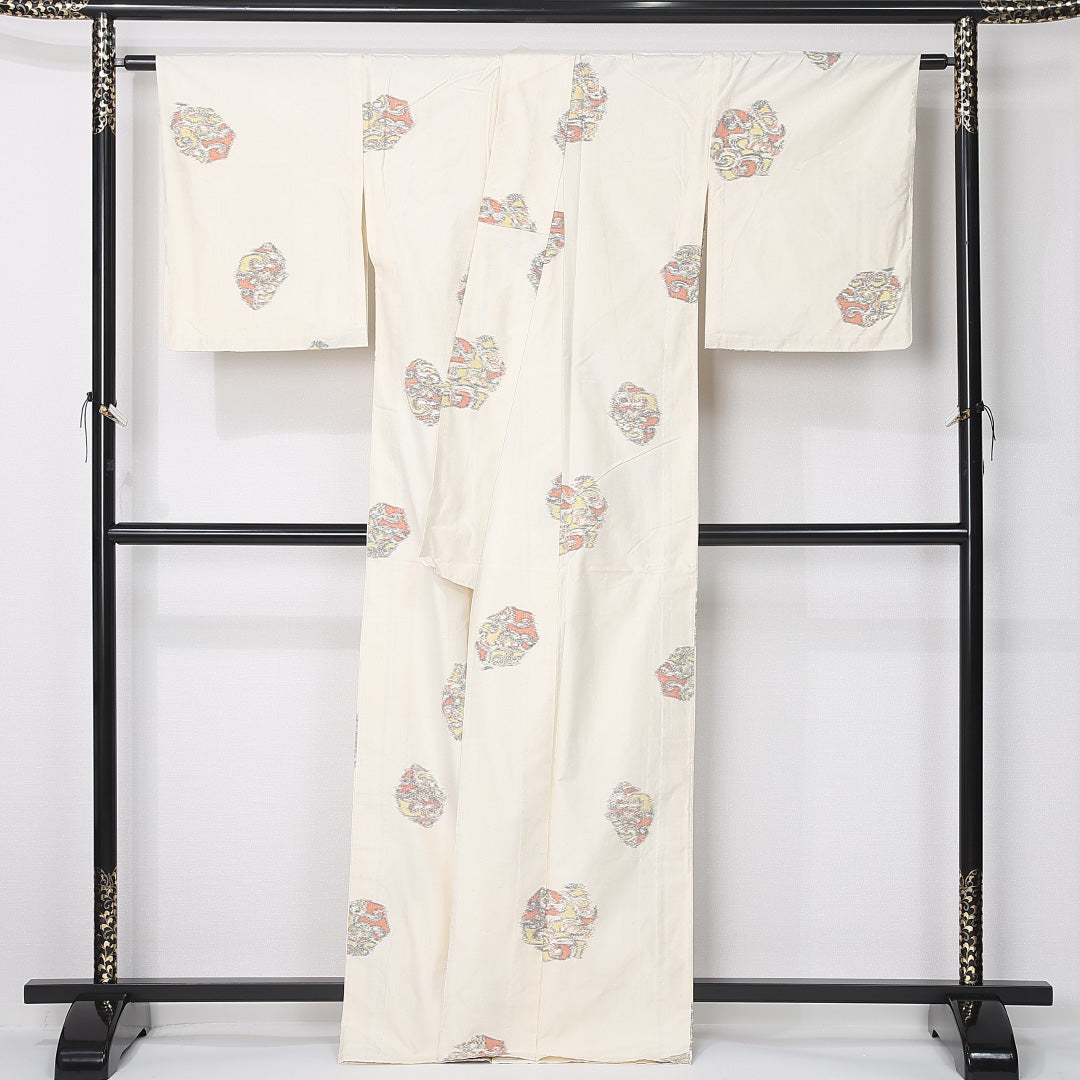 紬 身丈166cm 裄丈64cm Aランク XL 正絹 単衣 広衿 創作 カジュアル クリーム系 1216-12399
